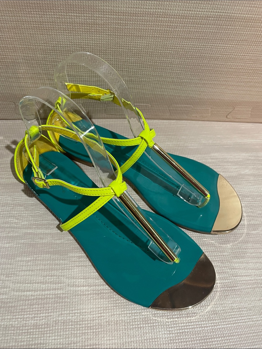 Qupid Neon Yellow and Teal Strappy Flat Sandals - Picture 3 of 8